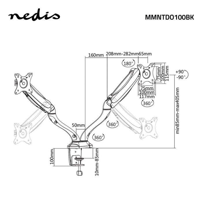 Nedis Desk Monitor Mount - 2 Screen(s), 10-32", 75x75 / 100x100, 75x75 / 100x100 - Full Motion