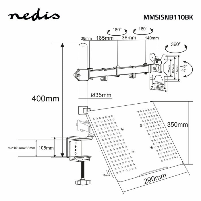 Nedis Desk Monitor Mount - Notebook, 1 Screen(s), 15 - 32", 75x75 / 100x100 - Interactive