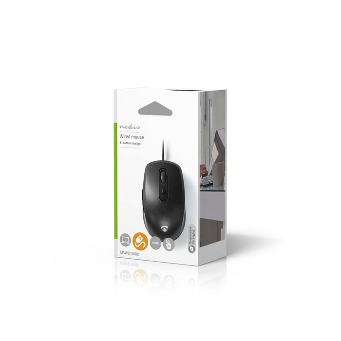 Nedis Mouse - Wired, 1200 / 1800 / 2400 / 3600 dpi, Adjustable DPI, Number of buttons: 6 - Right-Handed