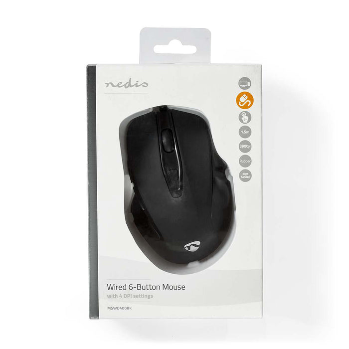 Nedis Wired Mouse - DPI: 800 / 1200 / 2400 / 3200 dpi, Adjustable DPI, Number of buttons: 6, Right-Handed - 1.50 m