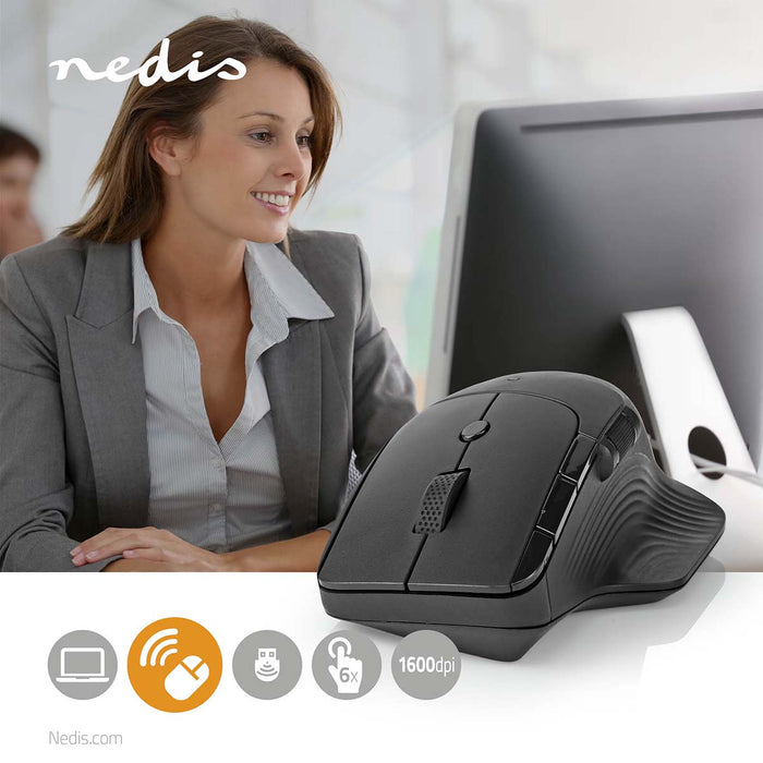 Nedis Mouse - Wireless, 800 / 1200 / 1600 dpi, Adjustable DPI, Number of buttons: 6 - Right-Handed