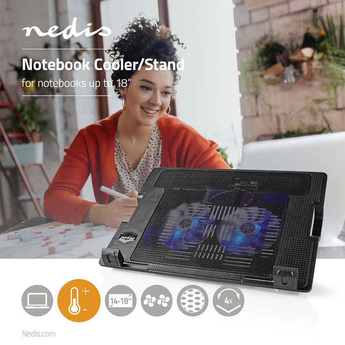 Nedis Notebook Stand - Number of fans: 2, USB Powered, Number of angles: 4, 1200 rpm - LED