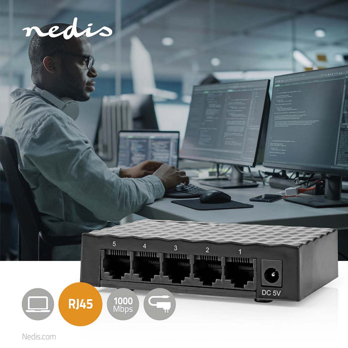 Nedis Network Switch - Wired speed: Gigabit - Number of ethernet ports: 5, 