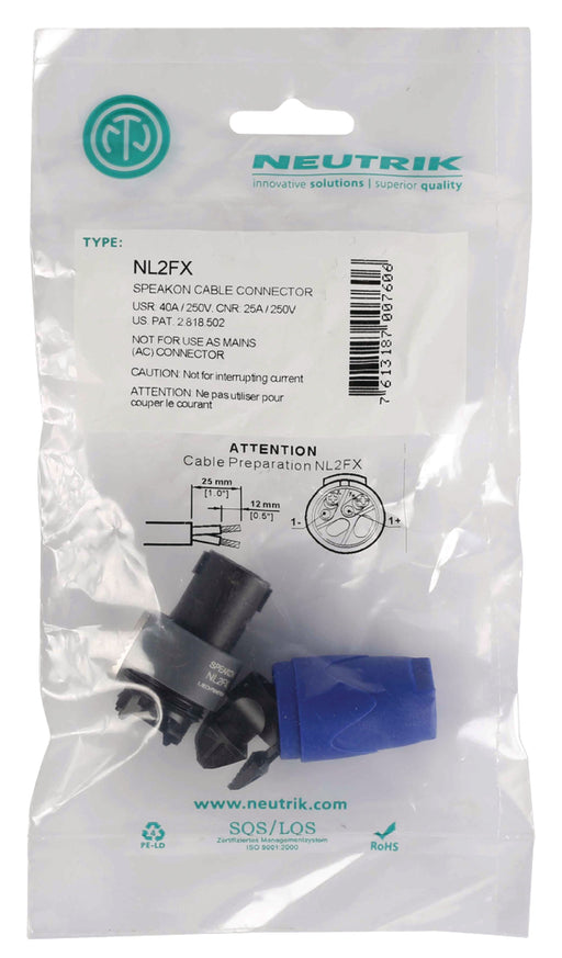 Neutrik 2 pole cable connector, chuck type strain relief