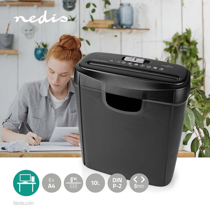 Nedis Paper Shredder - 6x A4 pages, 10 l, Safety standard: DIN 2, 190 W - Black