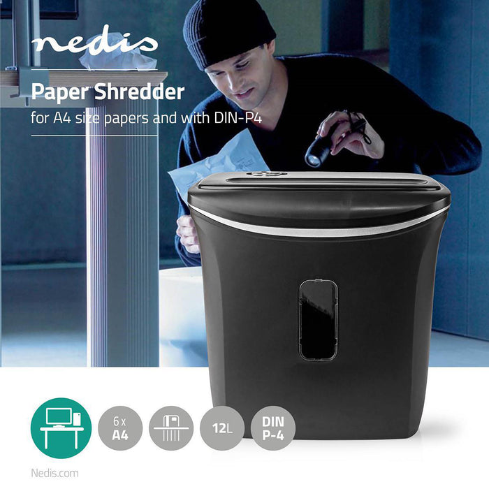 Nedis Paper Shredder - 6x A4 pages, 12 l, Safety standard: DIN 4, 300 W - Black