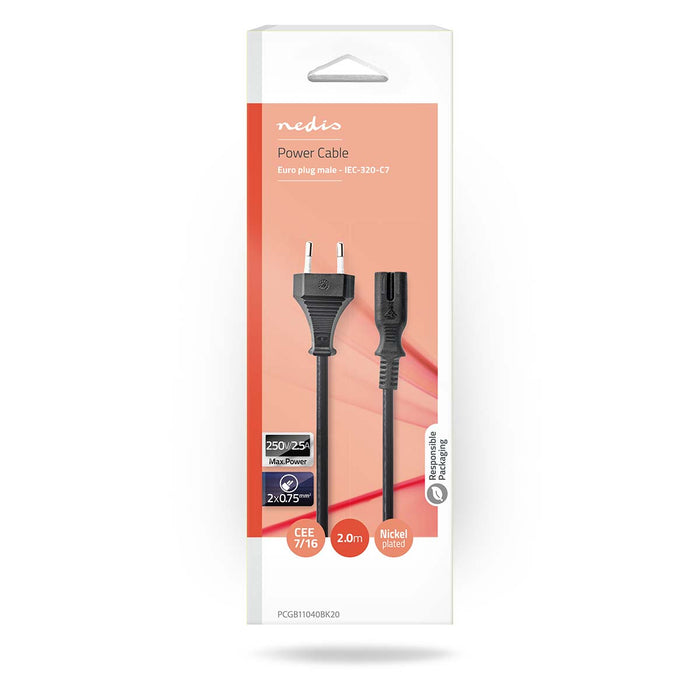 Nedis Power Cable - Euro Male, IEC-320-C7, Straight, Black - Box