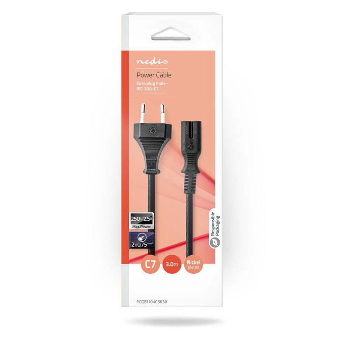 Nedis Power Cable - Euro Male, IEC-320-C7, Straight, Black - Box