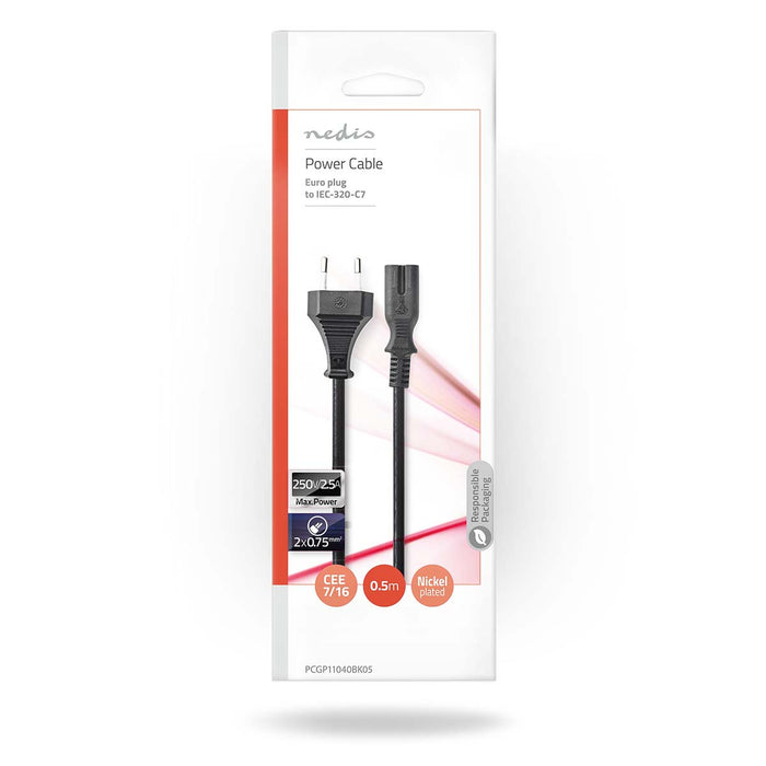 Nedis Power Cable - Euro Male, IEC-320-C7, Straight, Black - Polybag