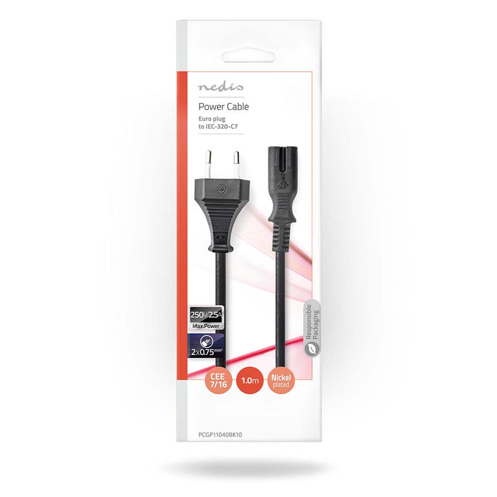 Nedis Power Cable - Euro Male, IEC-320-C7, Straight, Black - Envelope