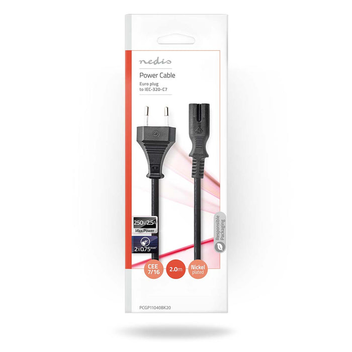 Nedis Power Cable - Euro Male, IEC-320-C7, Straight, Black - Envelope