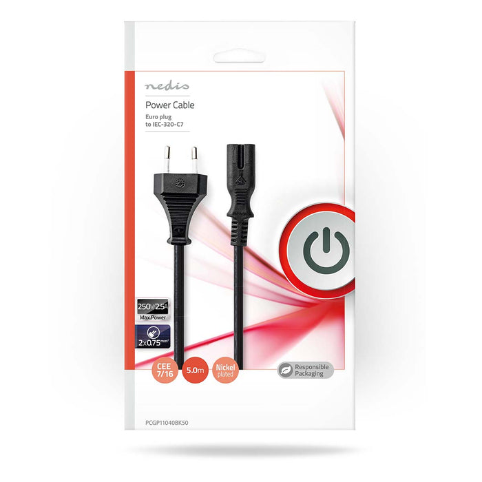 Nedis Power Cable - Euro Male, IEC-320-C7, Straight, Black - Envelope