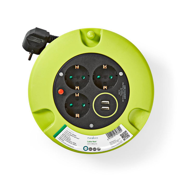 Nedis Cable Reel - Plug with earth contact, 5.00 m, 3000 W, Fuse: Yes - Black / Green