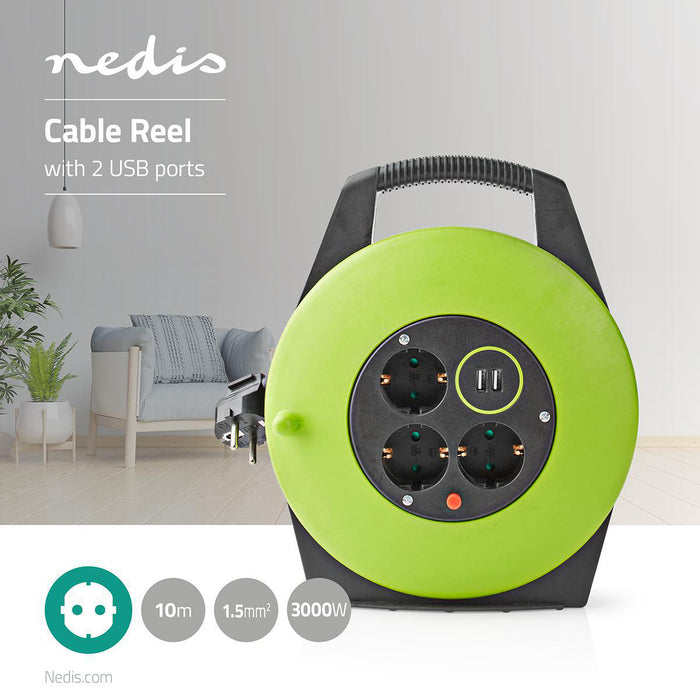 Nedis Cable Reel - Plug with earth contact, 10.0 m, 3000 W, Fuse: Yes - Black / Green