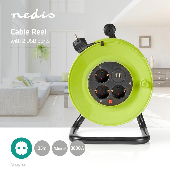 Nedis Cable Reel - Plug with earth contact, 25.0 m, 3000 W, Fuse: Yes - Black / Green