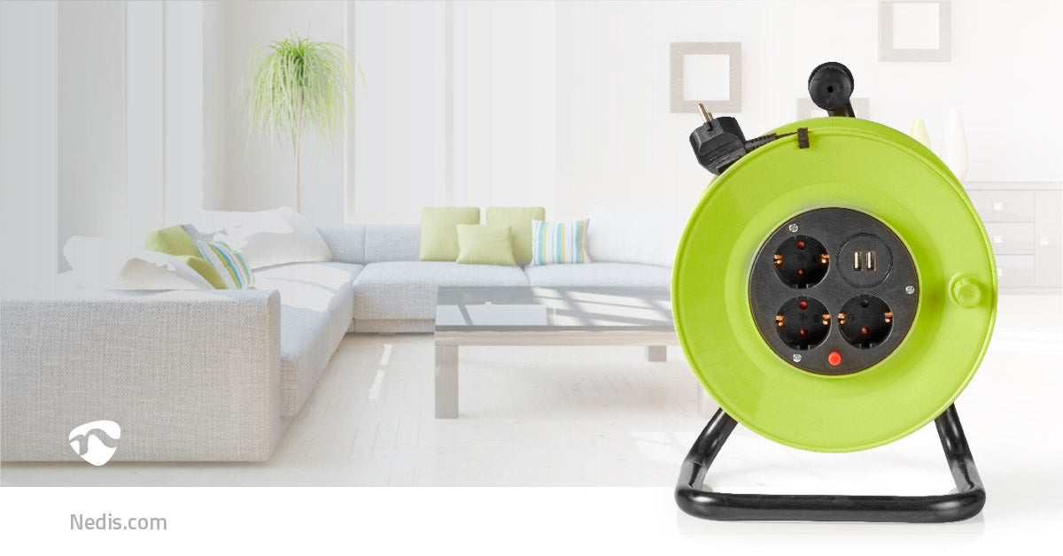 Nedis Cable Reel - Plug with earth contact, 25.0 m, 3000 W, Fuse: Yes - Black / Green