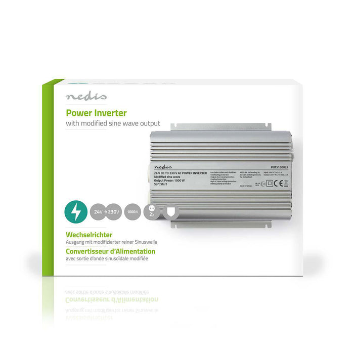 Nedis Power Inverter Modified Sine Wave - Input voltage: 24 V DC, Device power output connection(s): 2, 230 V AC 50 Hz, Battery Clamps - Silver