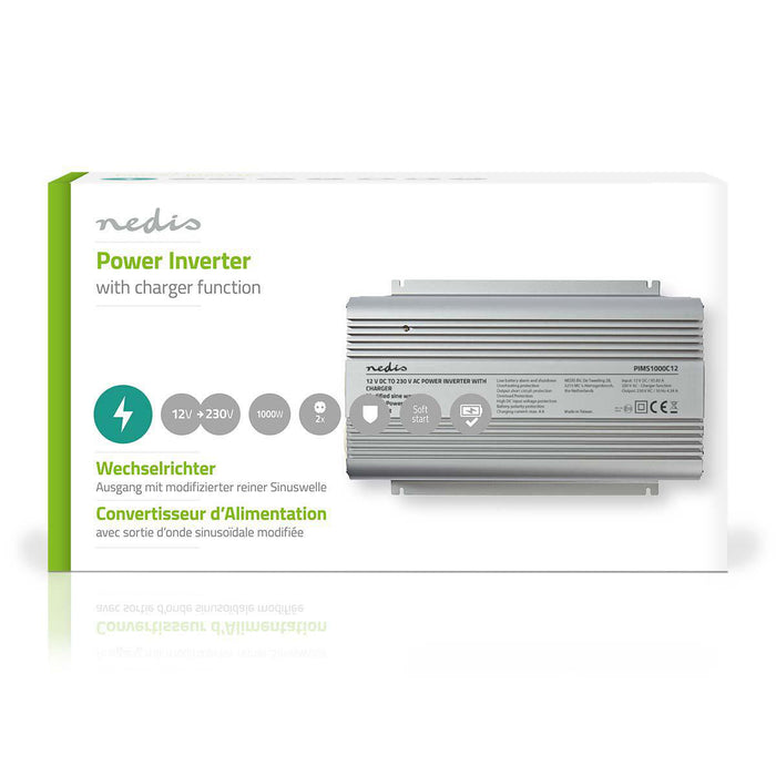 Nedis Power Inverter Modified Sine Wave - Input voltage: 12 V DC, Device power output connection(s): 2, 230 V AC 50 Hz, Battery Clamps - Silver