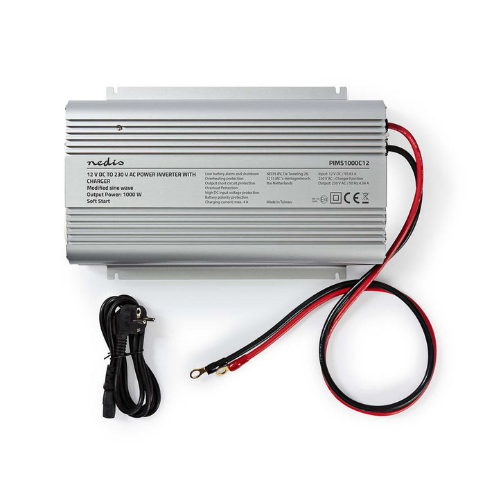 Nedis Power Inverter Modified Sine Wave - Input voltage: 12 V DC, Device power output connection(s): 2, 230 V AC 50 Hz, Battery Clamps - Silver