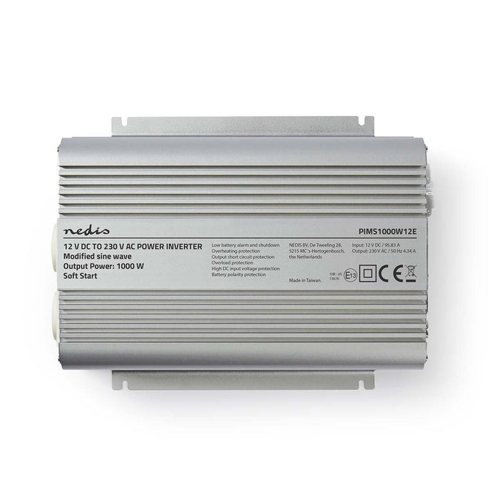 Nedis Power Inverter Modified Sine Wave - Input voltage: 12 V DC, Device power output connection(s): 2, 230 V AC 50 Hz, Battery Clamps - Silver