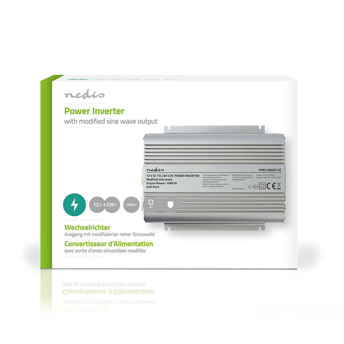 Nedis Power Inverter Modified Sine Wave - Input voltage: 12 V DC, Device power output connection(s): 2, 230 V AC 50 Hz, Battery Clamps - Silver