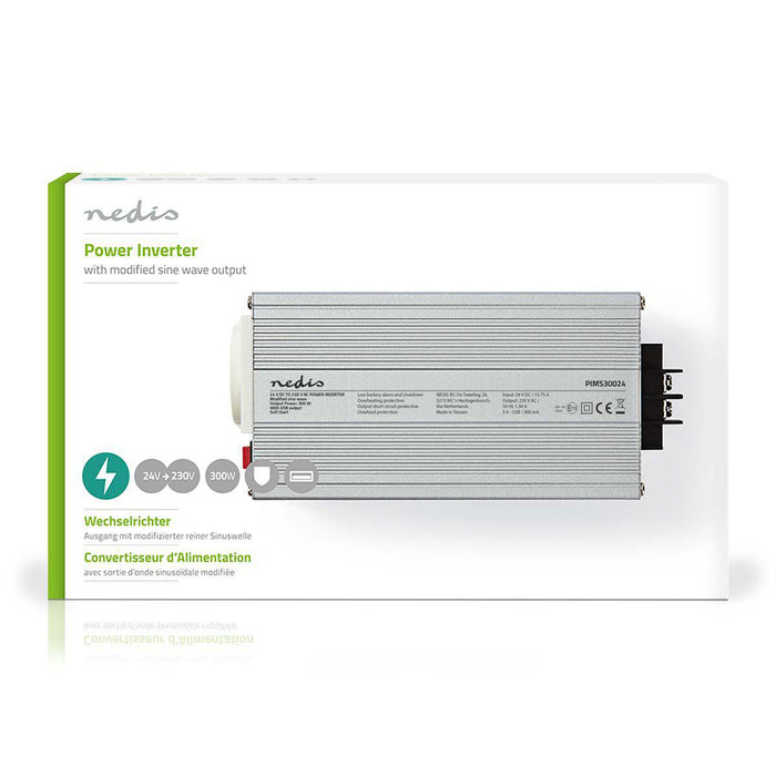 Nedis Power Inverter Modified Sine Wave - Input voltage: 24 V DC, Device power output connection(s): 1, 230 V AC 50 Hz, Battery Clamps + Cigarette Lighter - Silver