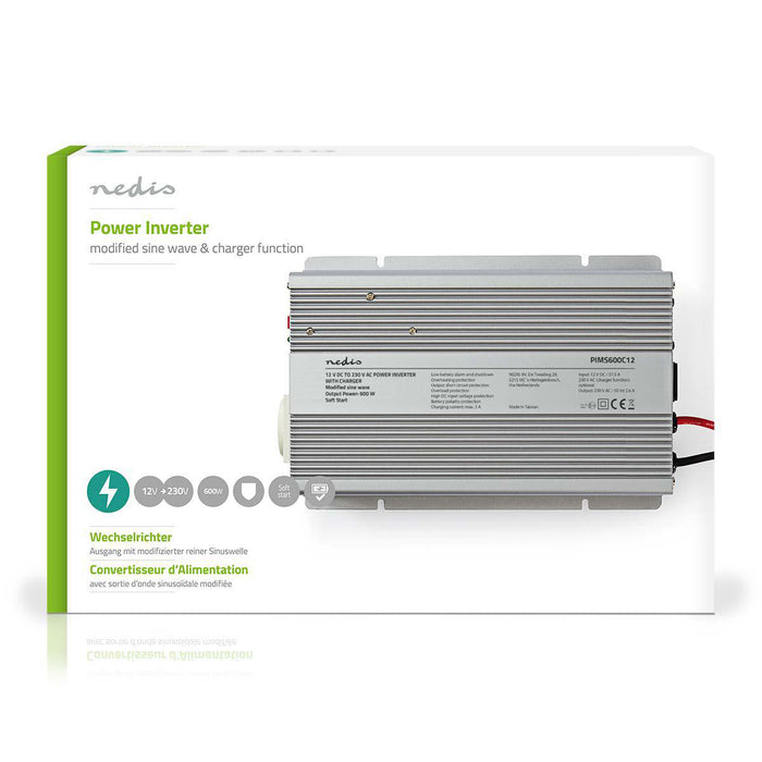 Nedis Power Inverter Modified Sine Wave - Input voltage: 12 V DC, Device power output connection(s): 1, 230 V AC 50 Hz, Battery Clamps - Silver