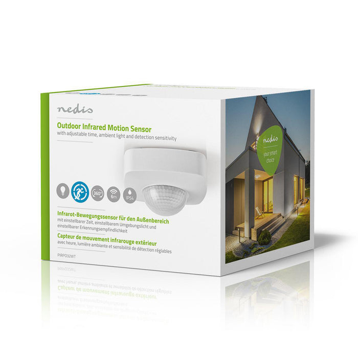 Nedis Motion Detector - Indoor and Outdoor, 3-Wire, Type F (CEE 7/7), Sensor technology: PIR - Sensor reach: 2.0 - 8.0 m