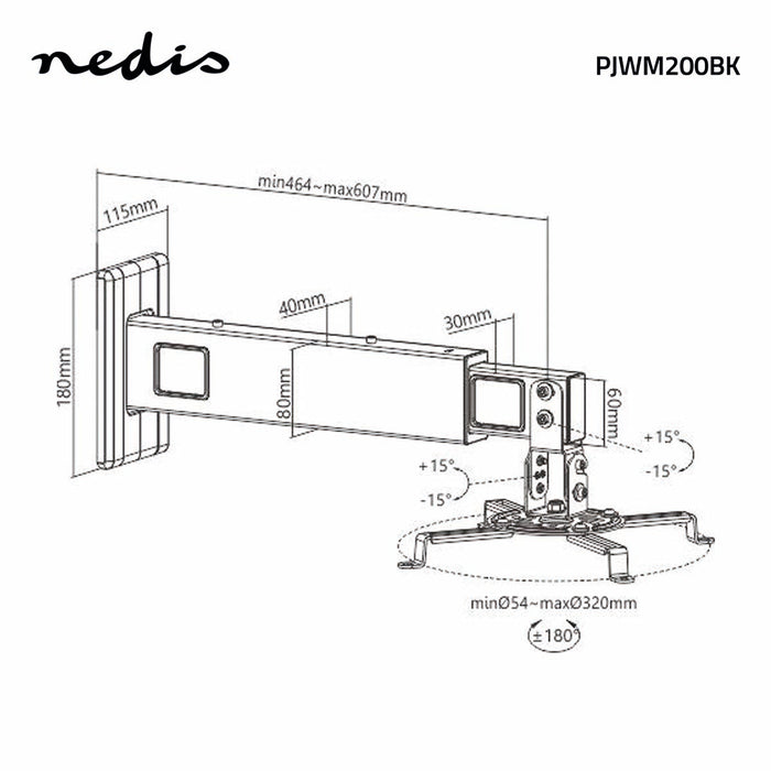 Nedis Projector Mount - Full Motion, 15 kg, Rotatable, Steel - Black