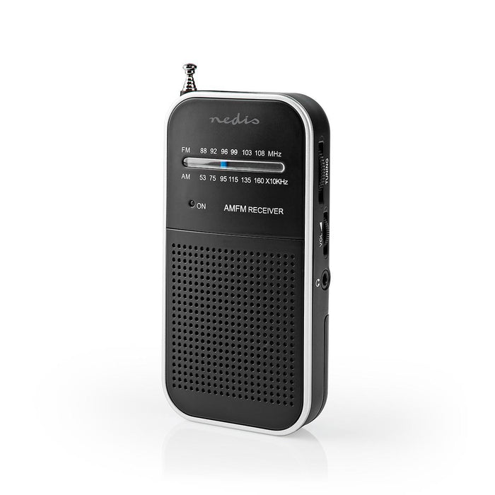 Nedis FM Radio - Portable Design, AM / FM, Battery Powered, Headphone output - Aluminium / Black