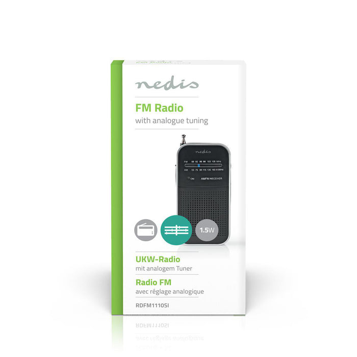 Nedis FM Radio - Portable Design, AM / FM, Battery Powered, Headphone output - Aluminium / Black