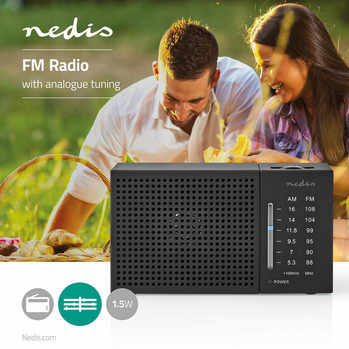 Nedis FM Radio - Portable Design, AM / FM, Battery Powered, Headphone output - Black