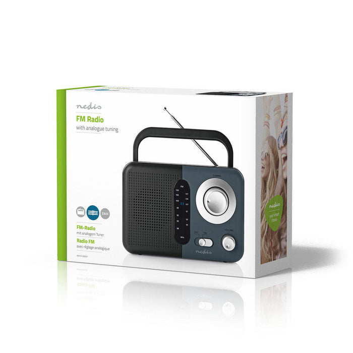 Nedis FM Radio - Portable Design, FM, Battery Powered / Mains Powered, Carrying handle - Black / Grey