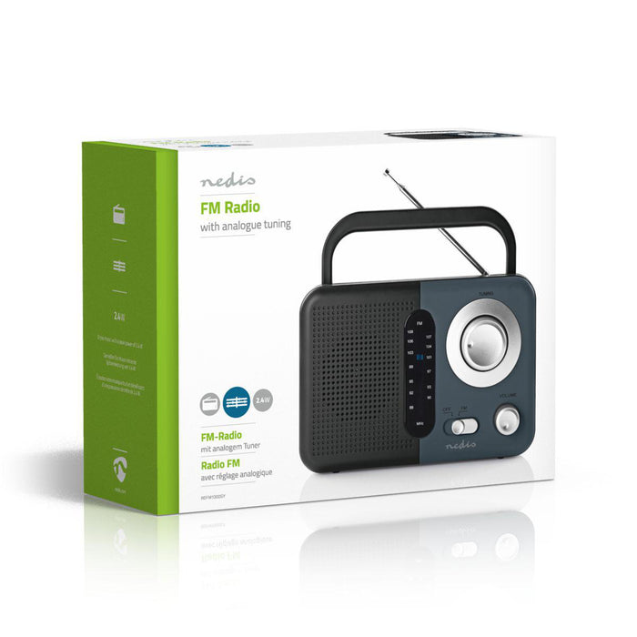 Nedis FM Radio - Portable Design, FM, Battery Powered / Mains Powered, Carrying handle - Black / Grey