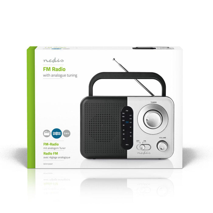 Nedis FM Radio - Portable Design, FM, Battery Powered / Mains Powered, Carrying handle - Black / White