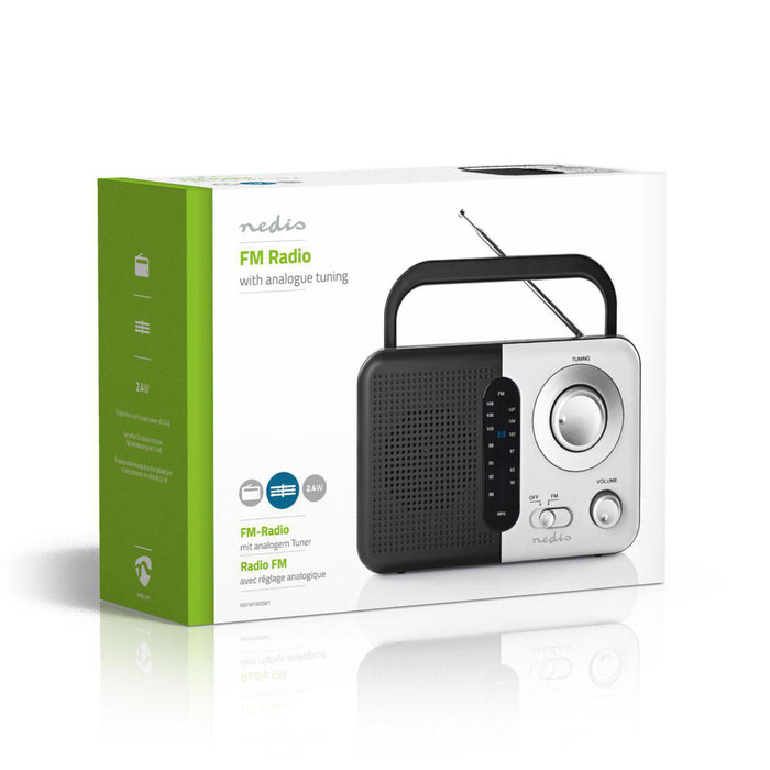 Nedis FM Radio - Portable Design, FM, Battery Powered / Mains Powered, Carrying handle - Black / White