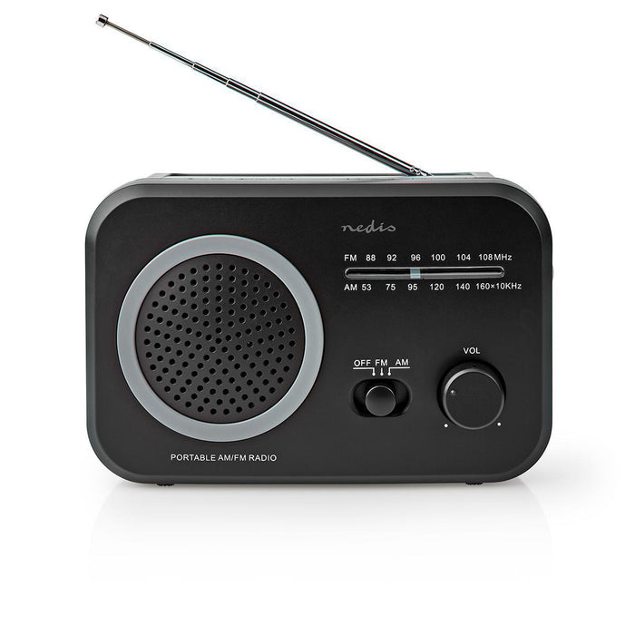 Nedis FM Radio - Portable Design, AM / FM, Battery Powered / Mains Powered, Carrying handle - Black / Grey