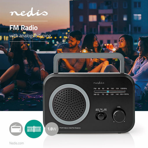 Nedis FM Radio - Portable Design, AM / FM, Battery Powered / Mains Powered, Carrying handle - Black / Grey