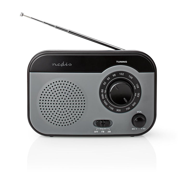 Nedis FM Radio - Portable Design, AM / FM, Battery Powered / Mains Powered, Carrying handle - Black / Grey