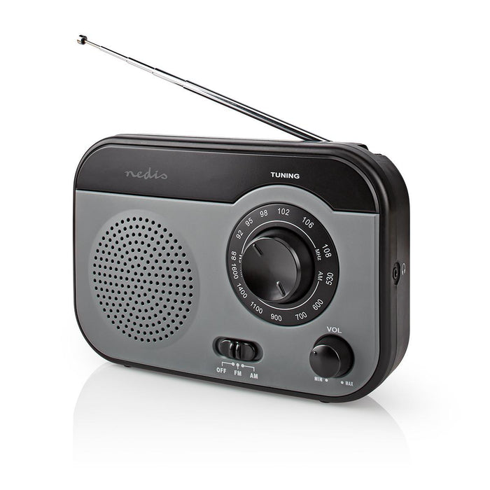 Nedis FM Radio - Portable Design, AM / FM, Battery Powered / Mains Powered, Carrying handle - Black / Grey