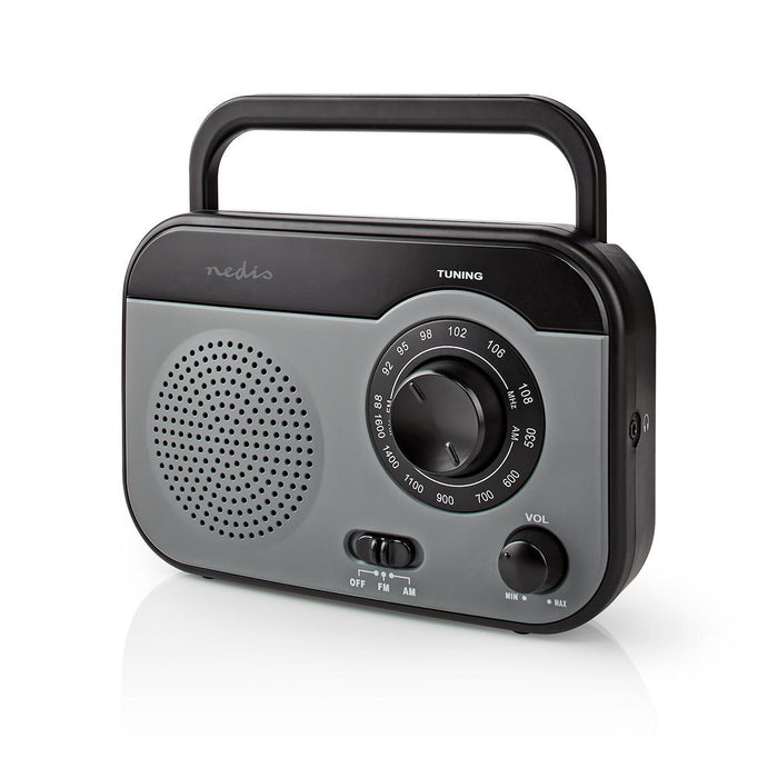 Nedis FM Radio - Portable Design, AM / FM, Battery Powered / Mains Powered, Carrying handle - Black / Grey