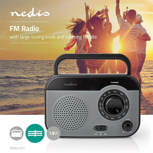 Nedis FM Radio - Portable Design, AM / FM, Battery Powered / Mains Powered, Carrying handle - Black / Grey