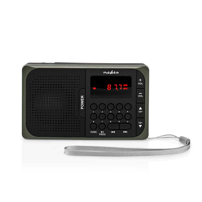 Nedis FM Radio - Portable Design, FM, Battery Powered / Mains Powered, Headphone output - Black / Grey