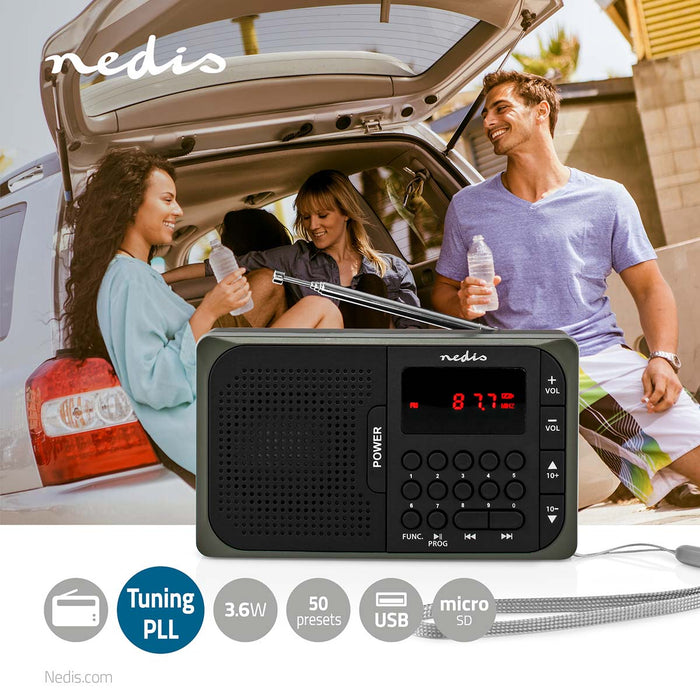 Nedis FM Radio - Portable Design, FM, Battery Powered / Mains Powered, Headphone output - Black / Grey