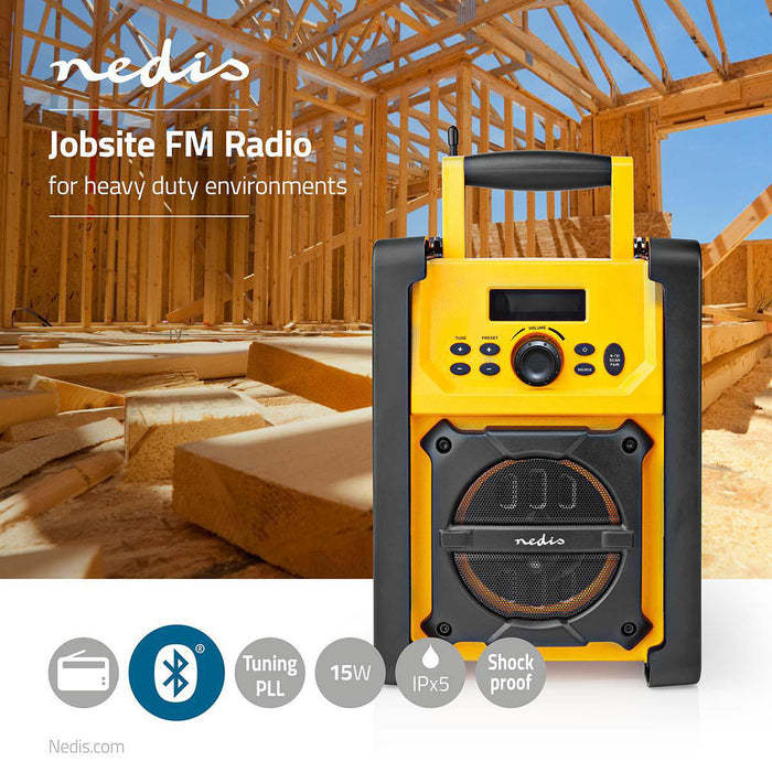 Nedis FM Radio - Jobsite Radio, FM, Battery Powered / Mains Powered, Carrying handle - Black / Yellow