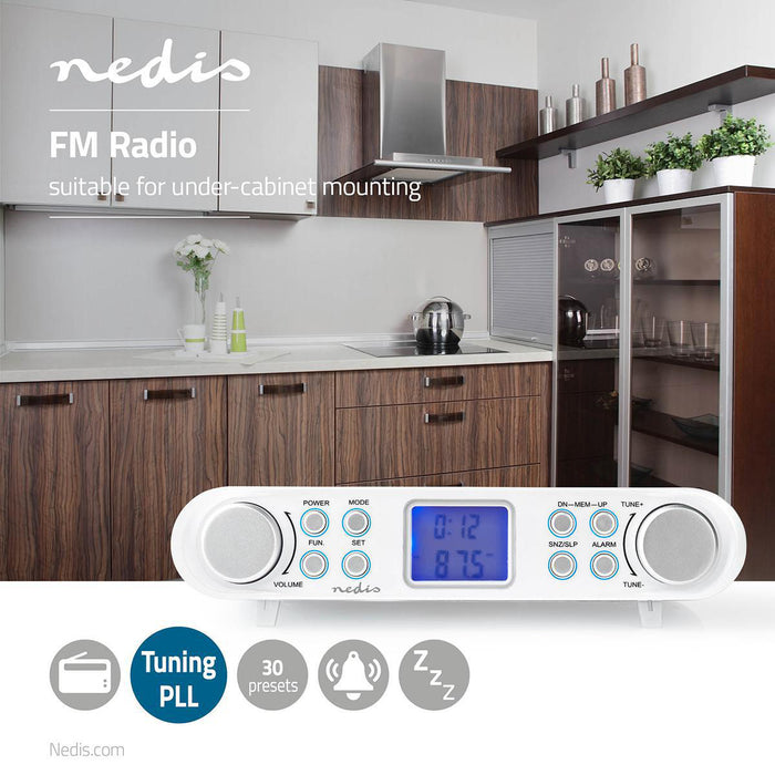 Nedis Kitchen Radio - Cabinet Design, FM, Mains Powered, Alarm clock - Silver / White