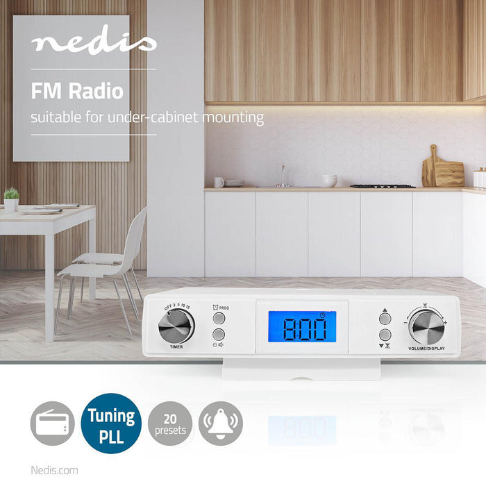 Nedis Kitchen Radio - Cabinet Design, FM, Mains Powered, Black Blue Screen - Silver / White