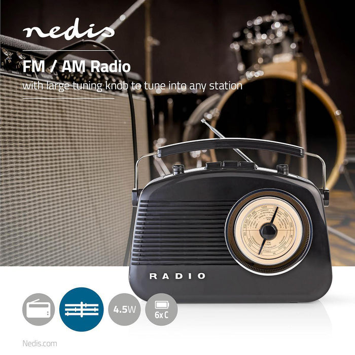 Nedis FM Radio - Table Design, AM / FM, Battery Powered / Mains Powered, Carrying handle - Black