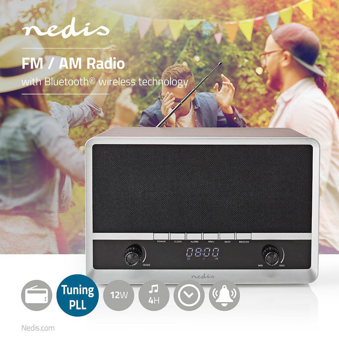 Nedis FM Radio - Table Design, AM / FM, Battery Powered / USB Powered, Alarm clock - Black / Brown