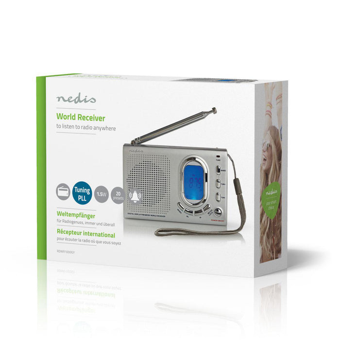 Nedis World Receiver Radio - Portable Design, AM / FM / SW, Battery Powered / Mains Powered, Sleep timer - Grey